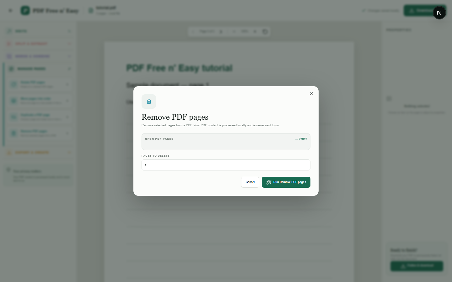 Remove pages from a PDF locally workflow in HandyGrid