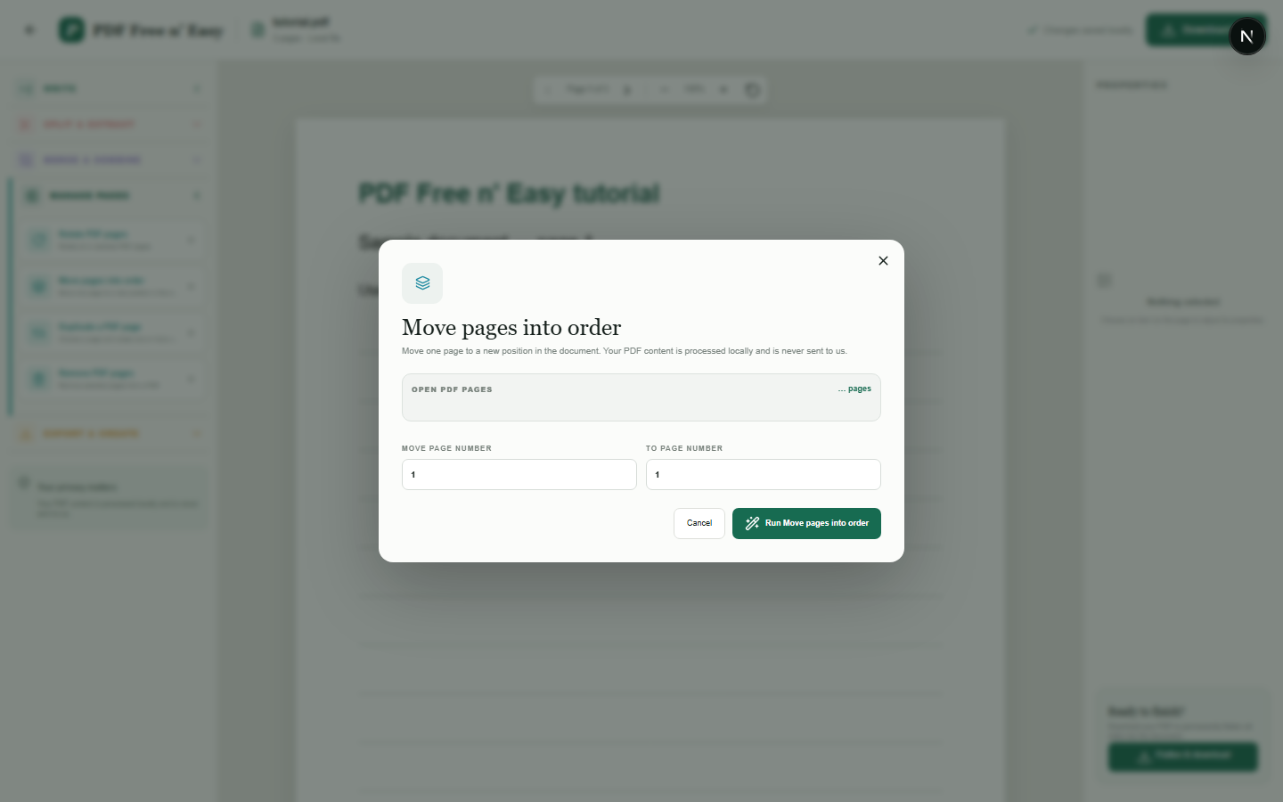 Move a PDF page to a new position workflow in HandyGrid